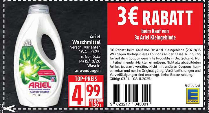 Ariel Waschmittel – 3€ Rabatt beim Kauf von 3x Ariel Kleingebinde