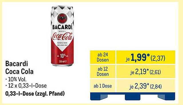 Bacardi Coca Cola 0,33 l Dose - 10% Vol.