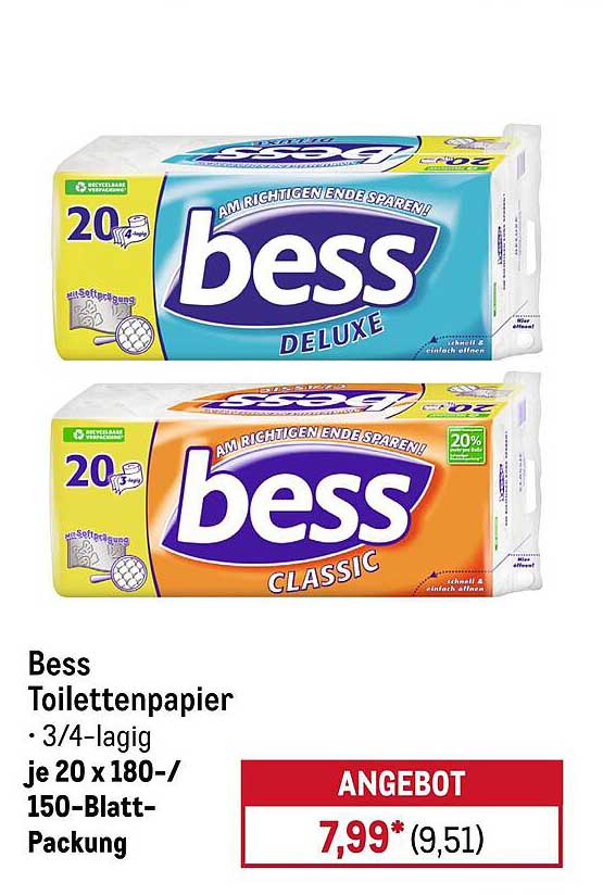Bess Toilettenpapier 3/4-lagig je 20 x 180-/150-Blatt-Packung