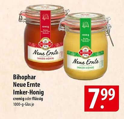 Bihophar Neue Ernte Imker-Honig - cremig oder flüssig, 1000-g-Glas je