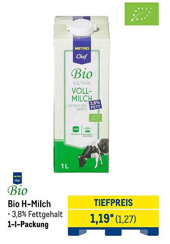 Bio H-Milch 3,8% Fett - 1l Packung