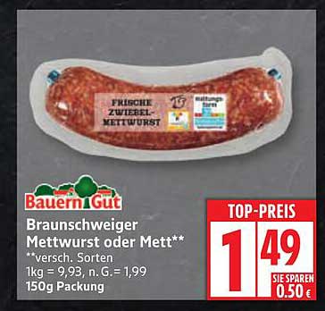 Braunschweiger Mettwurst oder Mett 150g Packung