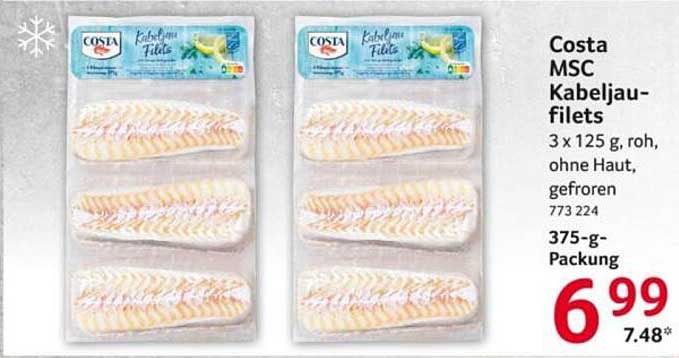 Costa MSC Kabeljau-Filets 3 x 125 g, roh, ohne Haut, gefroren - 375-g-Packung