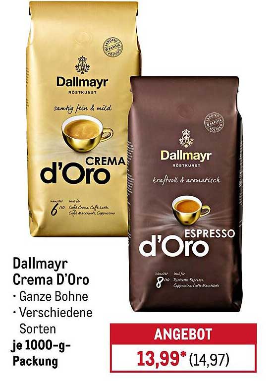 Dallmayr Crema d'Oro – Ganze Bohne, je 1000-g-Packung
