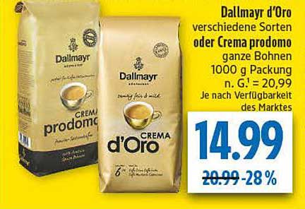 Dallmayr d'Oro oder Crema prodomo ganze Bohnen 1000 g Packung