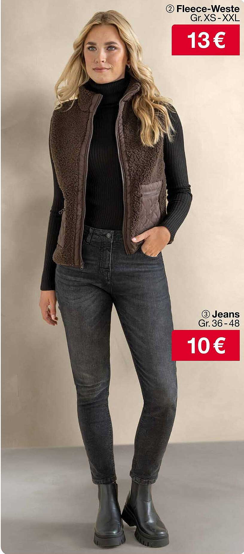 Fleece-Weste Gr. XS-XXL für nur 13 € und Jeans Gr. 36-48 für 10 €