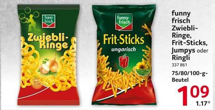 funny frisch Zwieblí-Ringe, Frit-Sticks, Jumpys oder Ringli 75/80/100-g-Beutel