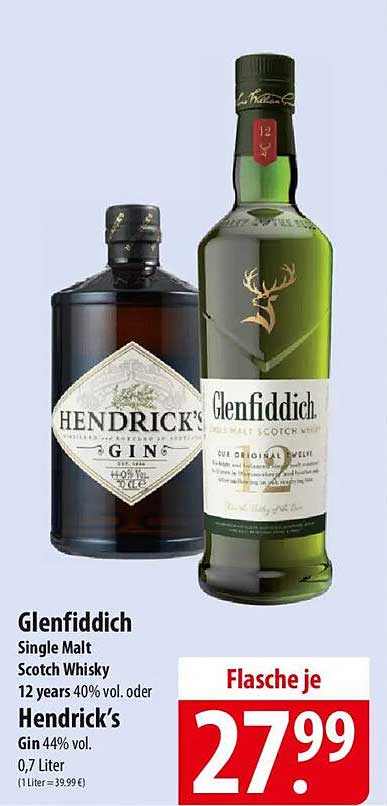 Glenfiddich Single Malt Scotch Whisky 12 Jahre oder Hendrick's Gin 0,7 Liter