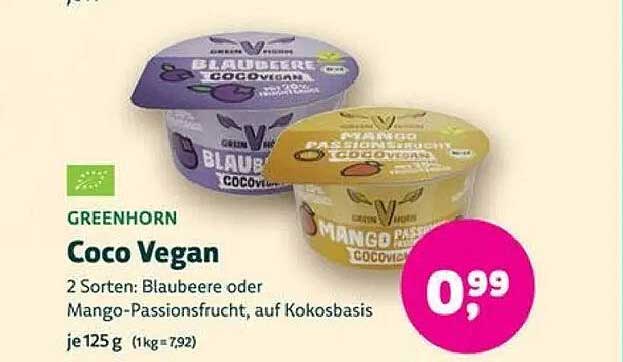 GREENHORN Coco Vegan – 2 Sorten: Blaubeere oder Mango-Passionsfrucht