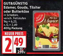 GUT&GÜNSTIG Edamer, Gouda, Tilsiter oder Butterkäse in Scheiben - 400g Packung