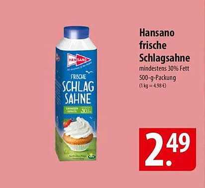 Hansano frische Schlagsahne 500-g-Packung