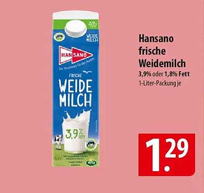 Hansano frische Weidemilch 3,9% oder 1,8% Fett 1-Liter-Packung