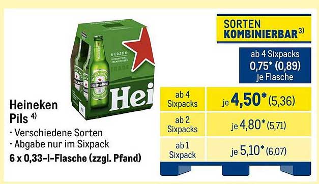 Heineken Pils 6 x 0,33 l-Flasche (zzgl. Pfand)