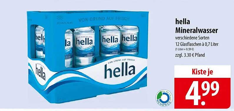 hella Mineralwasser, 12 Glasflaschen à 0,7 Liter