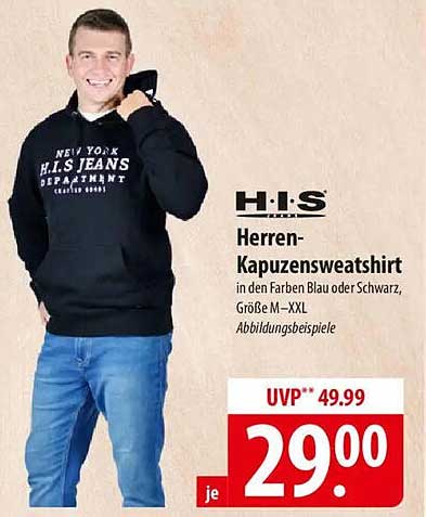 H.I.S Herren-Kapuzensweatshirt in Blau oder Schwarz
