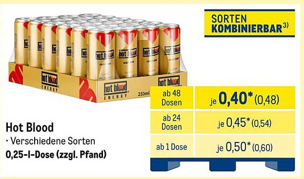 Hot Blood Energy - Verschiedene Sorten 0,25-l-Dose (zzgl. Pfand)
