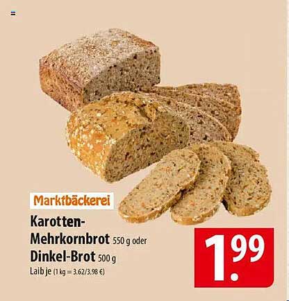 Karotten-Mehrkornbrot 550 g oder Dinkel-Brot 500 g