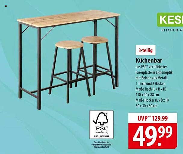 Küchenbar 3-teilig aus FSC-zertifizierter Faserplatte