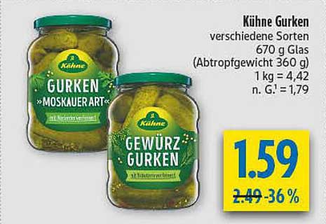 Kühne Gurken verschiedene Sorten 670 g Glas (Abtropfgewicht 360 g)