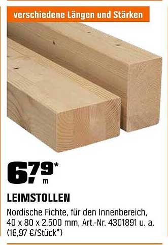 Leimstollen aus nordischer Fichte 40 x 80 x 2.500 mm