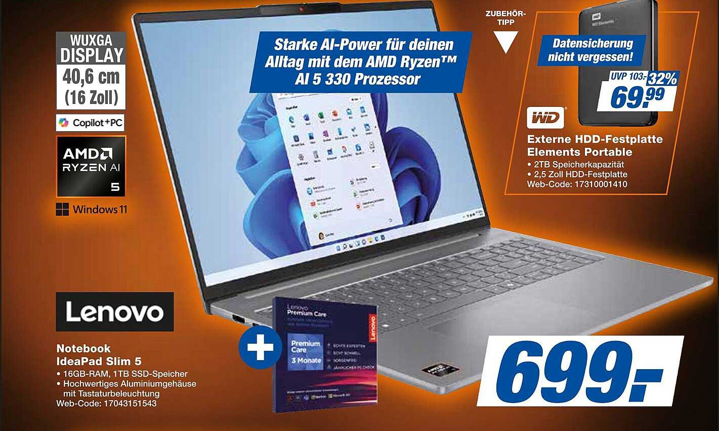 Lenovo Notebook IdeaPad Slim 5 mit AMD Ryzen™ AI 5 330 Prozessor