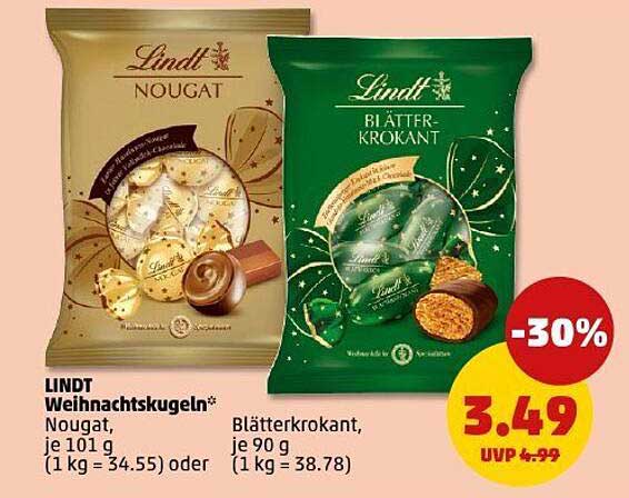 LINDT Weihnachtskugeln - Nougat und Blätterkrokant