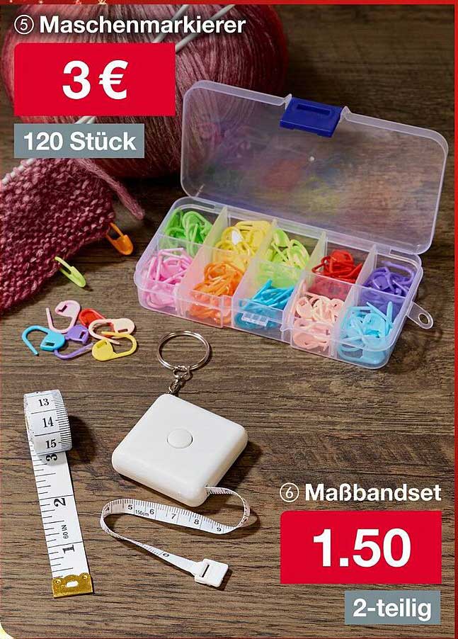 Maschenmarkierer 120 Stück für 3 € und Maßbandset 2-teilig für 1,50 €