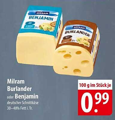 Milram Burlander oder Benjamin Schnittkäse 100 g für nur 0,99 €
