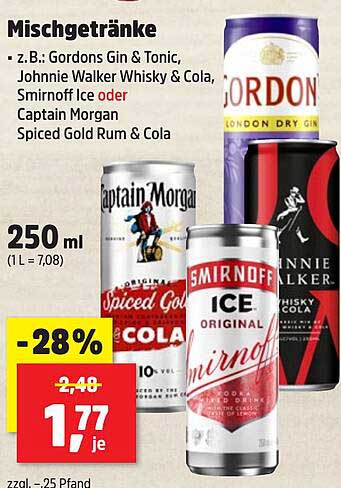 Mischgetränke: Gordons Gin & Tonic, Johnnie Walker Whisky & Cola, Smirnoff Ice oder Captain Morgan Spiced Gold Rum & Cola 250 ml