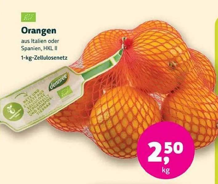 Orangen aus Italien oder Spanien, HKL II – 1-kg-Zellulosenetz