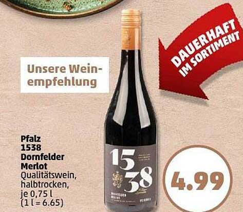 Pfalz 1538 Dornfelder Merlot, Qualitätswein, halbtrocken, je 0,75 l