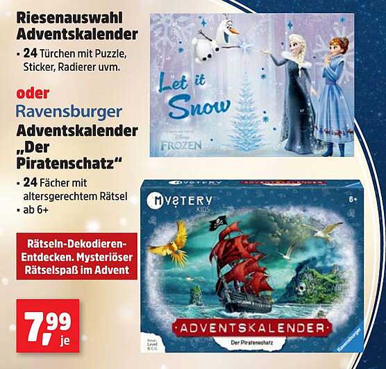 Riesenauswahl Adventskalender oder Ravensburger Adventskalender „Der Piratenschatz“