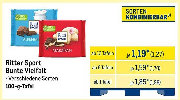 Ritter Sport Bunte Vielfalt - Verschiedene Sorten 100-g-Tafel