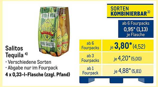 Salitos Tequila – 4 x 0,33-l-Flasche (zzgl. Pfand)