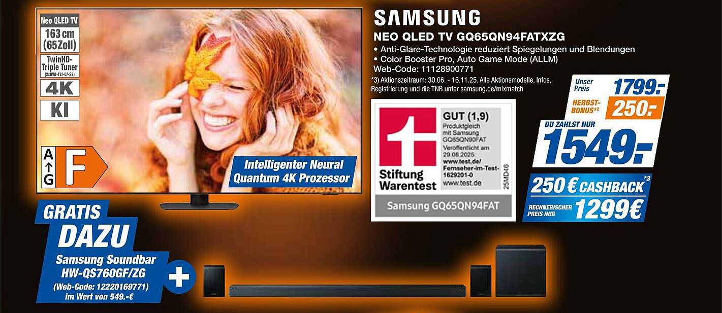 Samsung Neo QLED TV GQ65QN94FATXZG mit gratis Soundbar