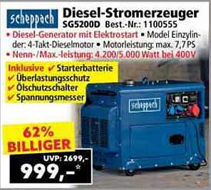 Scheppach Diesel-Stromerzeuger SGS200D - 62% Rabatt auf den UVP
