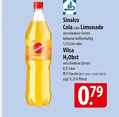 Sinalco Cola oder Limonade 1,25 Liter und Vilsa H2Obst 0,75 Liter für nur 0,79 €