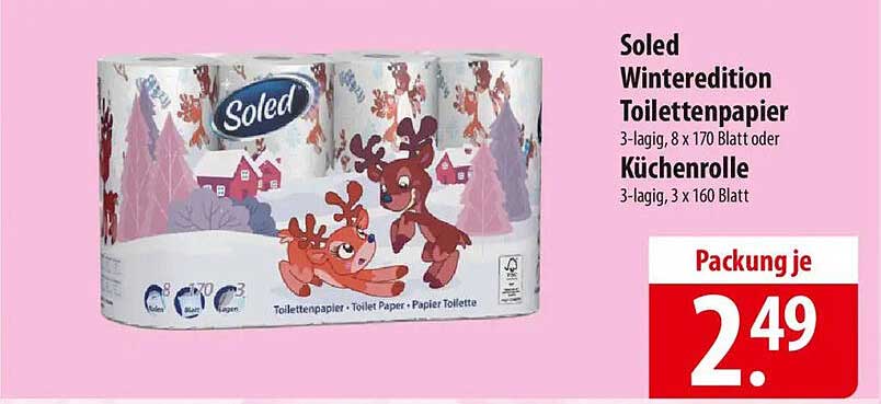 Soled Winteredition Toilettenpapier 3-lagig, 8 x 170 Blatt oder Küchenrolle 3-lagig, 3 x 160 Blatt