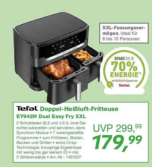 Tefal Doppel-Heißluft-Fritteuse EY942H Dual Easy Fry XXL