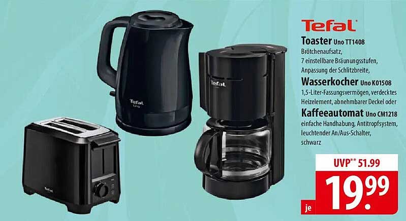 Tefal Toaster Uno TT1408, Wasserkocher Uno K01508 und Kaffeeautomat Uno CM1218