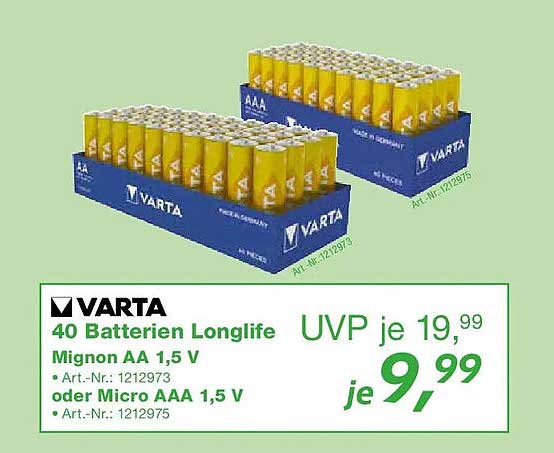 VARTA 40 Batterien Longlife Mignon AA 1,5 V oder Micro AAA 1,5 V