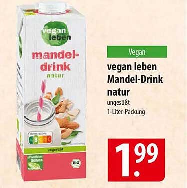 vegan leben Mandel-Drink natur ungesüßt 1-Liter-Packung