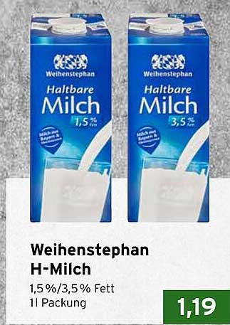 Weihenstephan H-Milch 1,5%/3,5% Fett 1l Packung