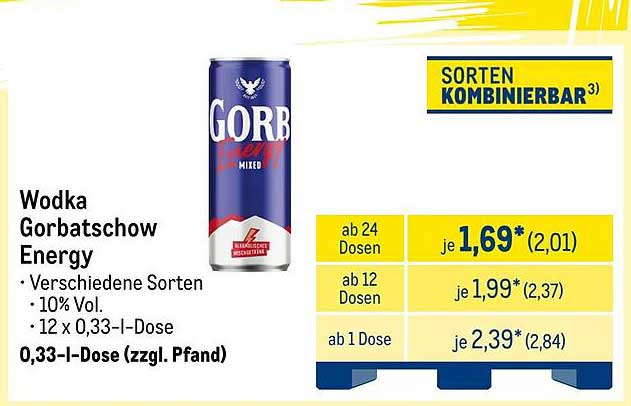 Wodka Gorbattschow Energy 0,33-l-Dose