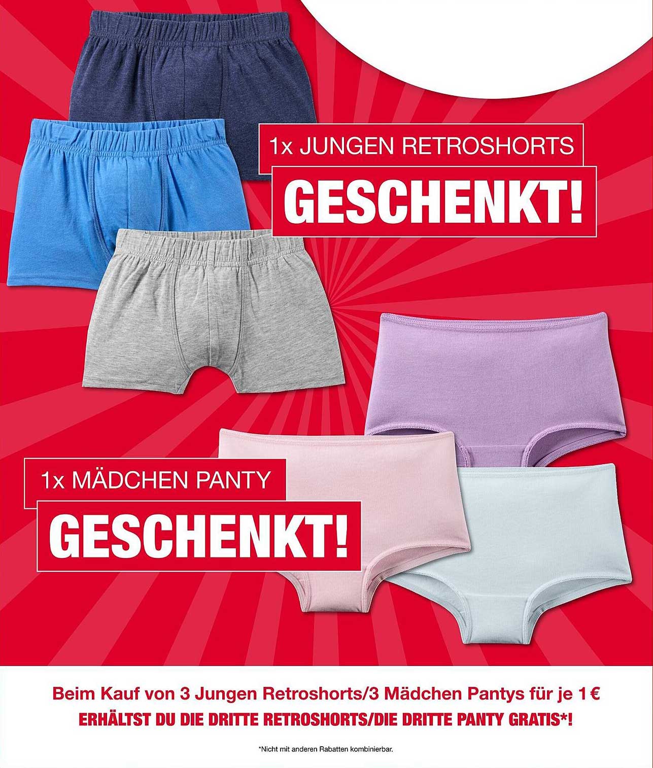 Woolworth Aktion: 3 für 2 bei Jungen Retroshorts und Mädchen Pantys