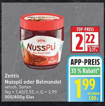 Zentis Nusspli oder Belmandel 300/400g Glas