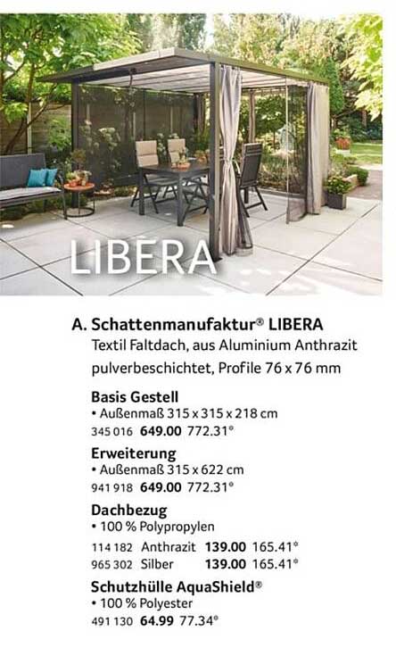 A. Schattenmanufactur® LIBERA – Textil Faltgeschoss mit Aluminiumdach