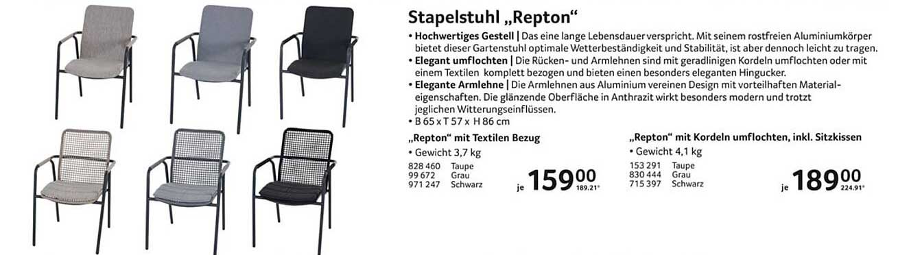 Stapelstuhl „Repton“ mit Textil Bezug