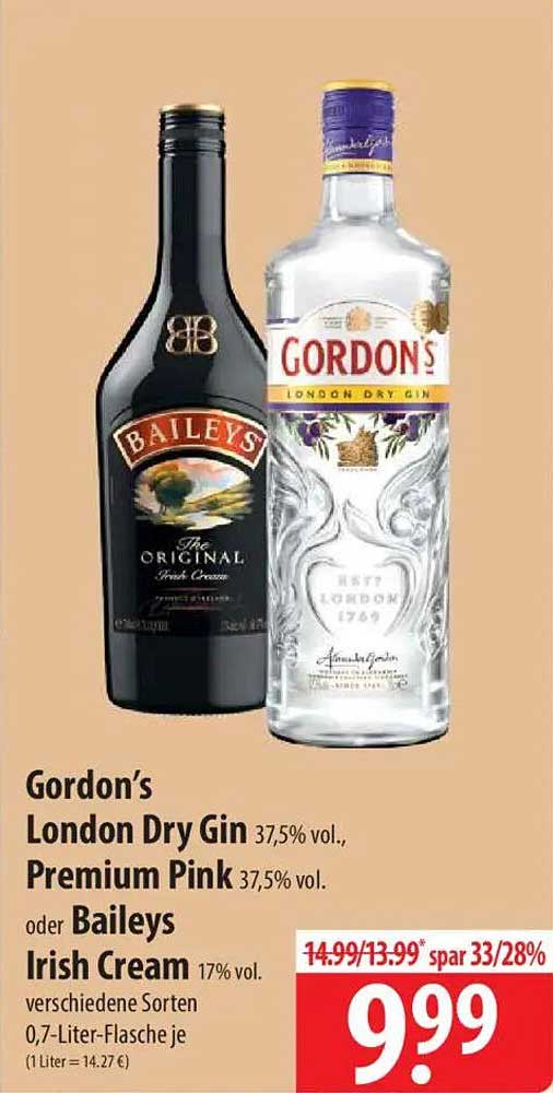 Gordon’s London Dry Gin 37,5% vol., Premium Pink 37,5% vol. oder Baileys Irish Cream 17% vol. verschiedene Sorten 0,7-Liter-Flasche je