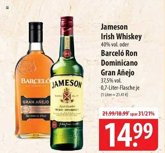 Jameson Irish Whiskey 40% vol. oder Barceló Ron Dominicano Gran Añejo 37,5% vol.